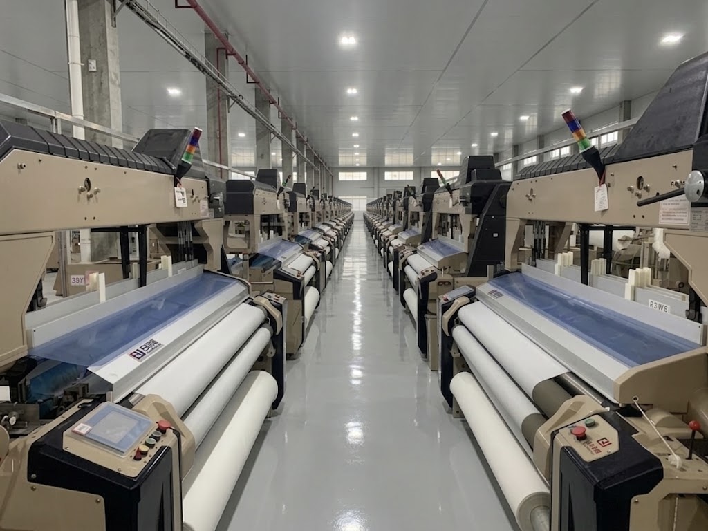 Water-jet weaving floor at Aarna Weaves, where export orders are woven and inspected